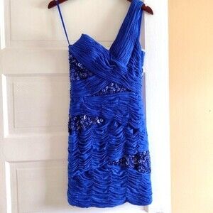 Mini Royal Blue cocktail dress beaded one shoulder Sexy Size 10 Party Club Hot